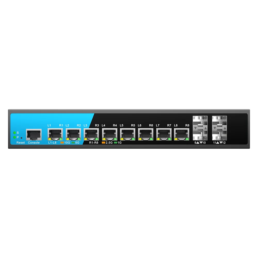 12-portowy zarządzany przełącznik Bullscom 10G Layer 3 |   8x RJ45 + 4x SFP+ Porty |   Rozkładowanie L3, VLAN, QoS |   Przełącznik Ethernet 10 Gb/s