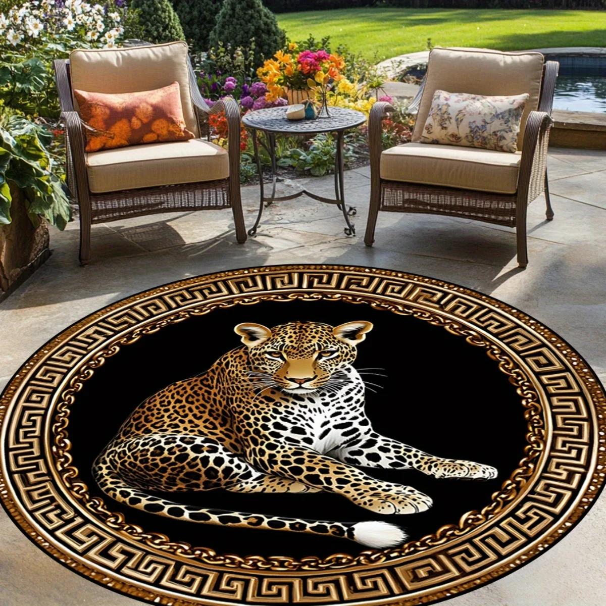 Greek Key Leopard Round Rug  Polyester Mat, Fade-Resistant Hand Washable for Living Room Bedroom Office Entryway Modern Decor