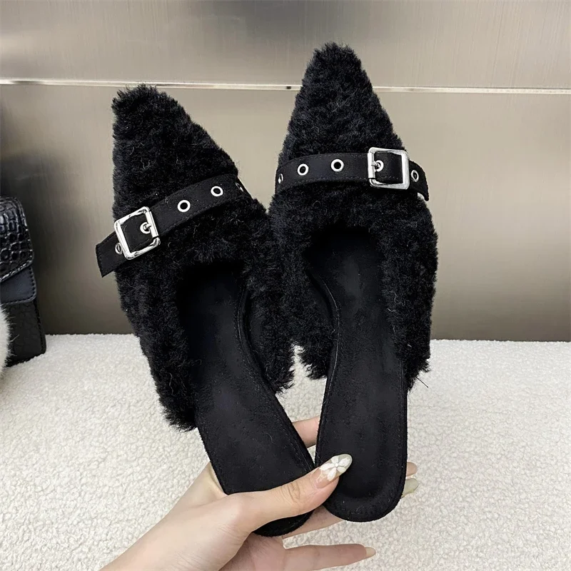 Eilyken Sexy Corduroy Women Slipper Pumps Street Style Pointed Toe Thin Heels Shoes Fashion Slingback Mules Zapatos De Mujer