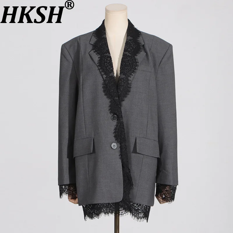 

HKSH Spring Autumn New Women Blazer Lace Patchwork Single Breasted Pockets Long Sleeve Fashion Elegant Casual Trend Coat HK17179
