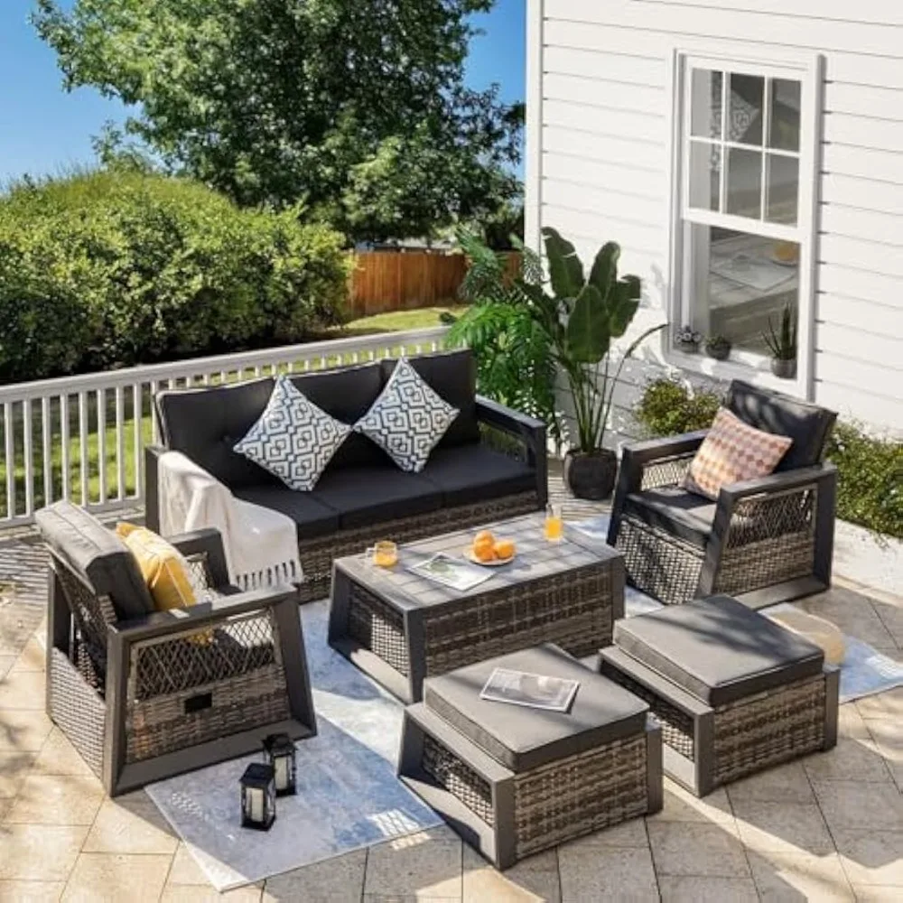 Recliner Chairs with Ottomans, Modern Outdoor Conversation Sets Sectional Sofa, Rattan Patio Set with Storage Table (Grey)