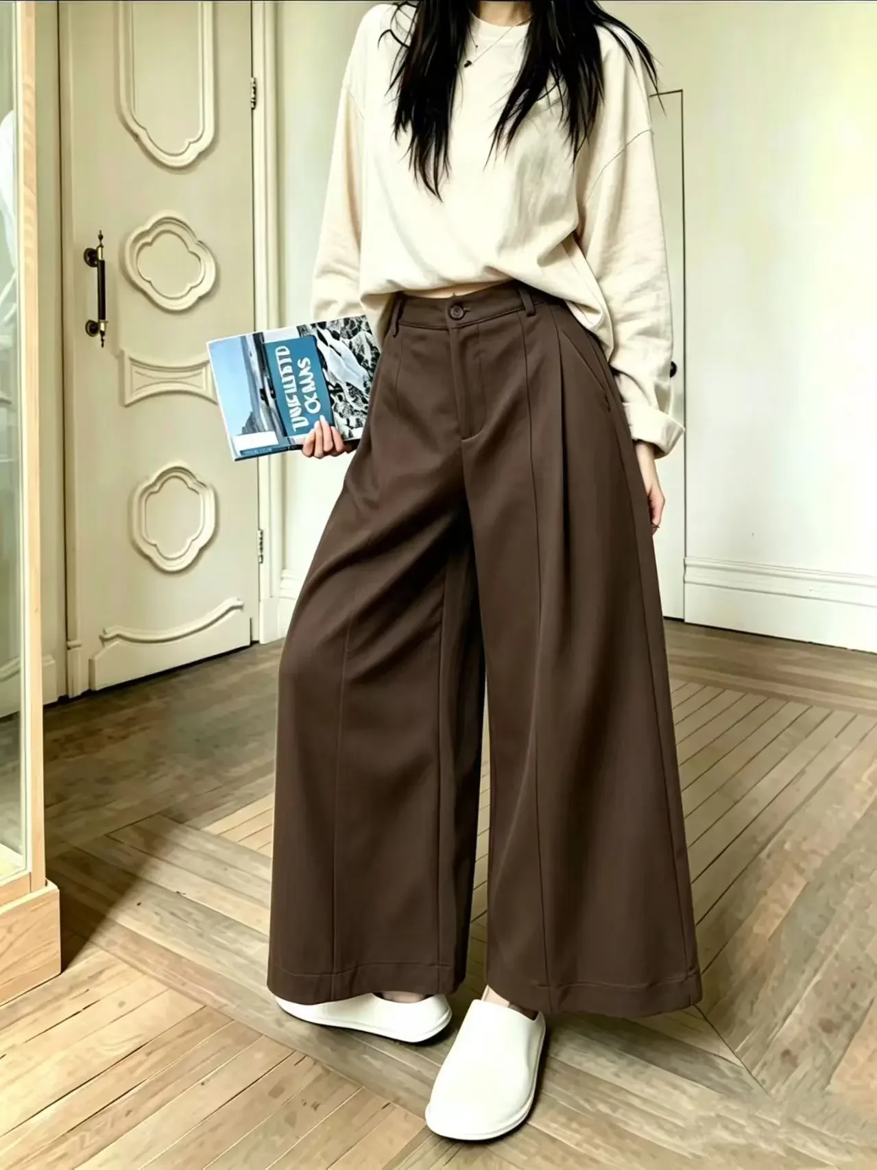 Hochwertige, lockere, vielseitige Damenhose in Khaki, koreanischer Stil, hohe Taille, gerades Bein, lässige, weit geschnittene, vielseitige Hose – Detail 4