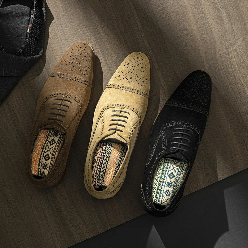 Luxury Cowhide Suede Man Dress Shoes Genuine Leather Handmade Quality Comfortable British Trend Elegant Wedding Brogue Shoes Men