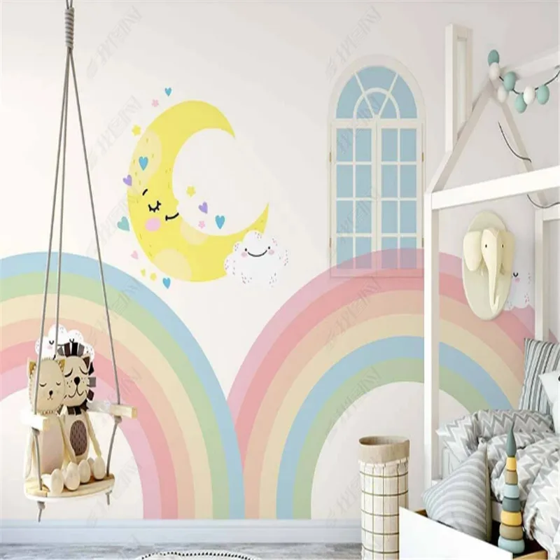 Hand Drawn Wallpaper for Kid's Room Cartoon Romantic Rainbow Window Children's Room Background Wall Paper Home Decor Mural