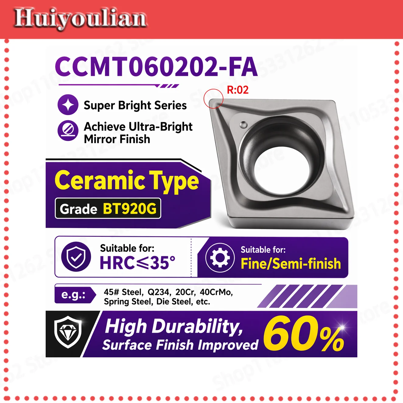 CCMT060202-FA CNC Lathe Boring Insert Ceramic Grade Ultra-Bright Series Max HRC35 Finishing Semi-finishing