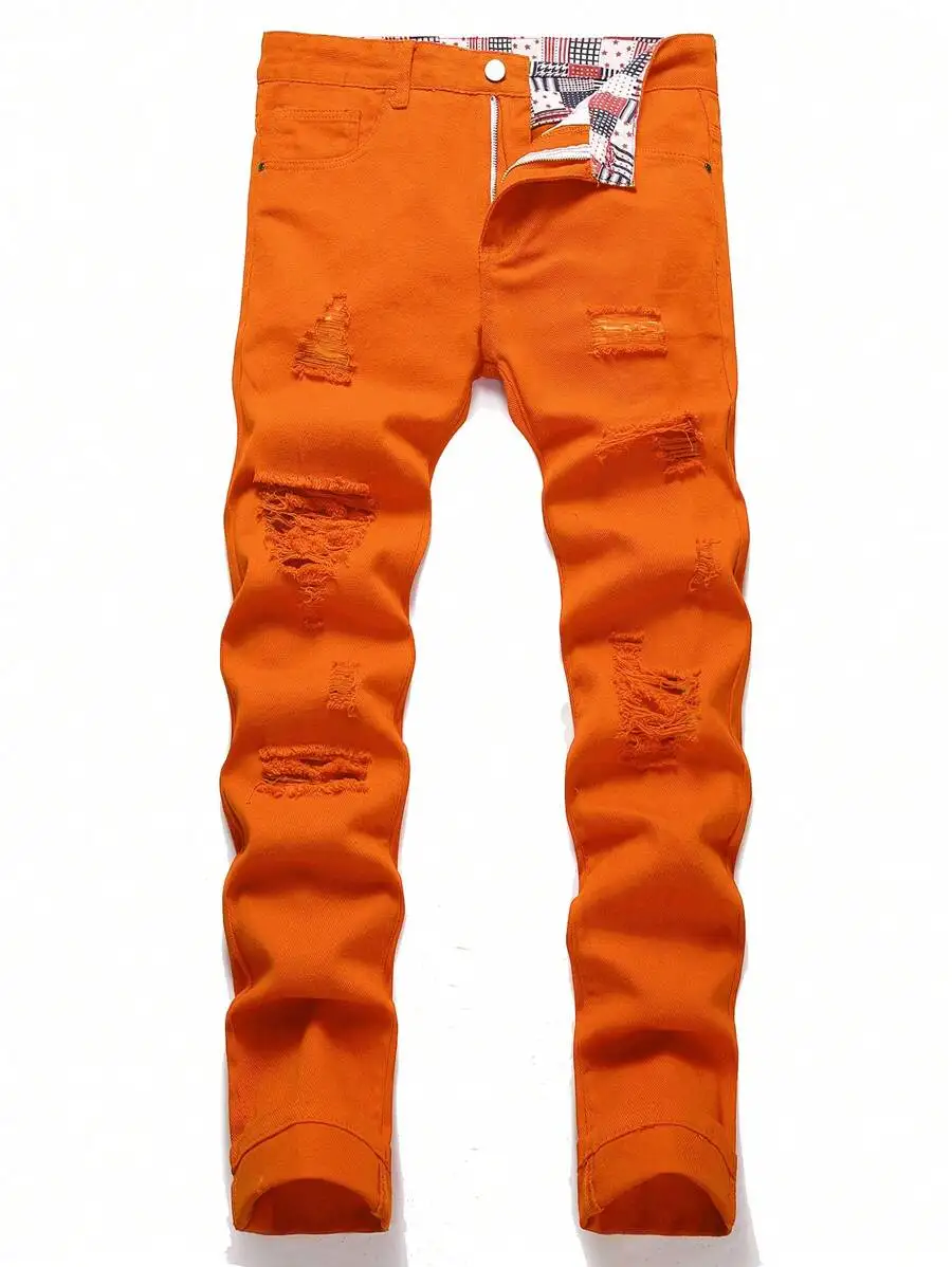 Mens Orange Distressed Casual Denim Jeans Slim Fit