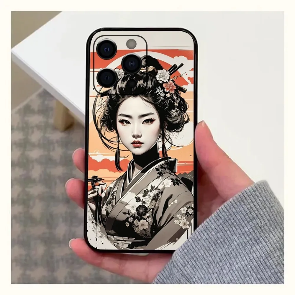 Samurai Warrior Geisha Phone Case For Apple iPhone 15,14,13,12,11,Pro,X,XS,Max,XR,Plus,Mini Soft  black shell