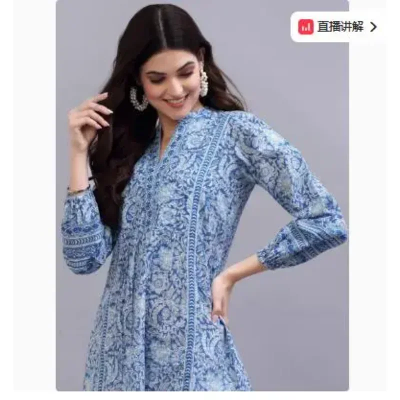 Ropa tradicional india para mujer, Top de algodón puro con cuello en V estampado de estilo étnico