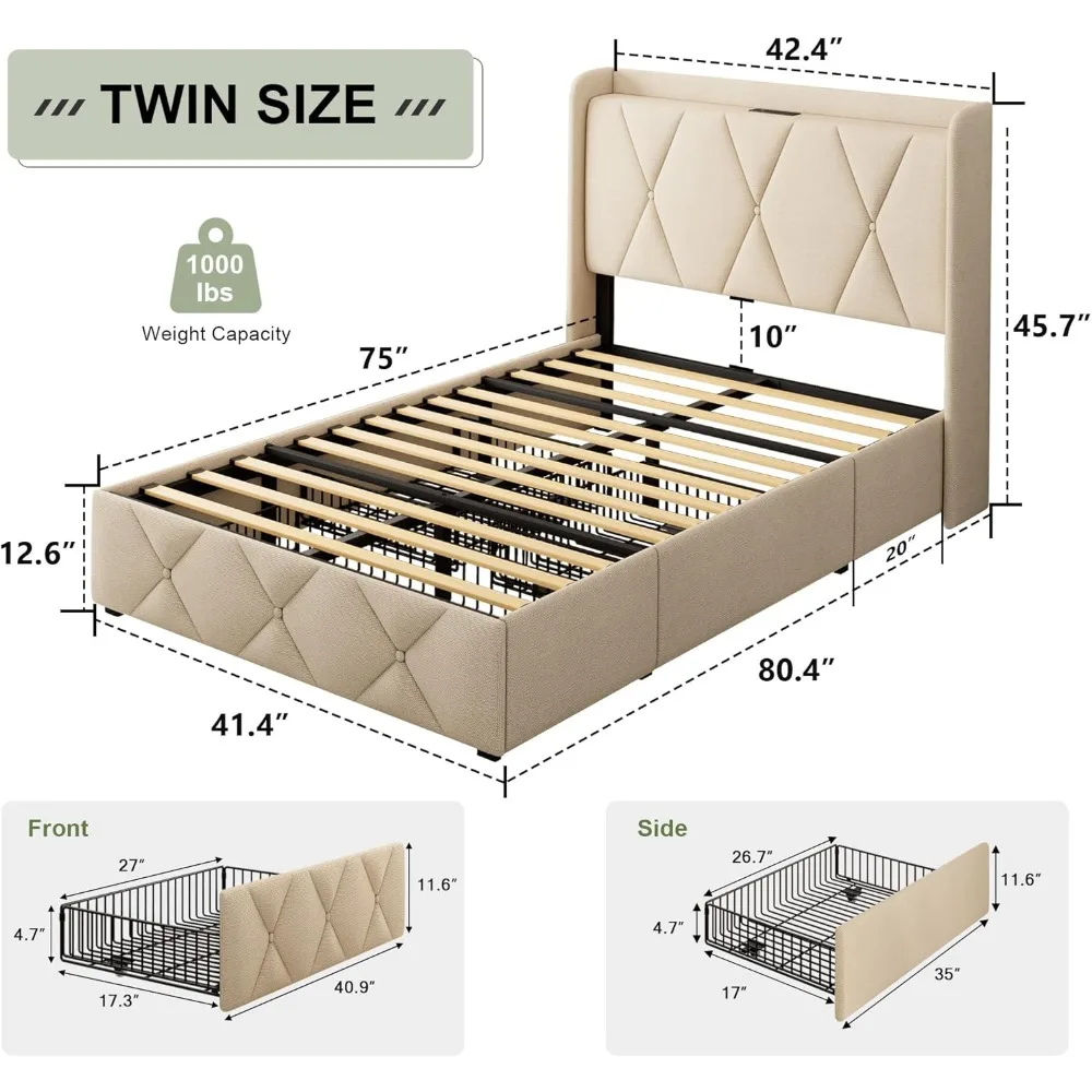 Estrutura de cama de solteiro com 3 gavetas de armazenamento, cama de plataforma estofada com estação de carregamento rápido, cabeceira de armazenamento Wingback