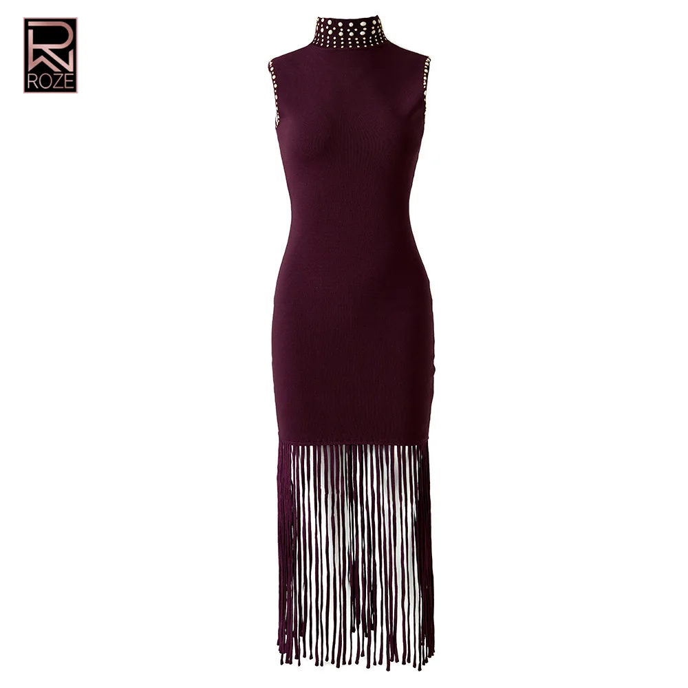 ROZE 여성용 민소매 터틀넥 바디콘 드레스 - 버건디/블랙 비즈 트림 프린지 밑단 파티 가운, 우아한 정장 이브닝 클럽