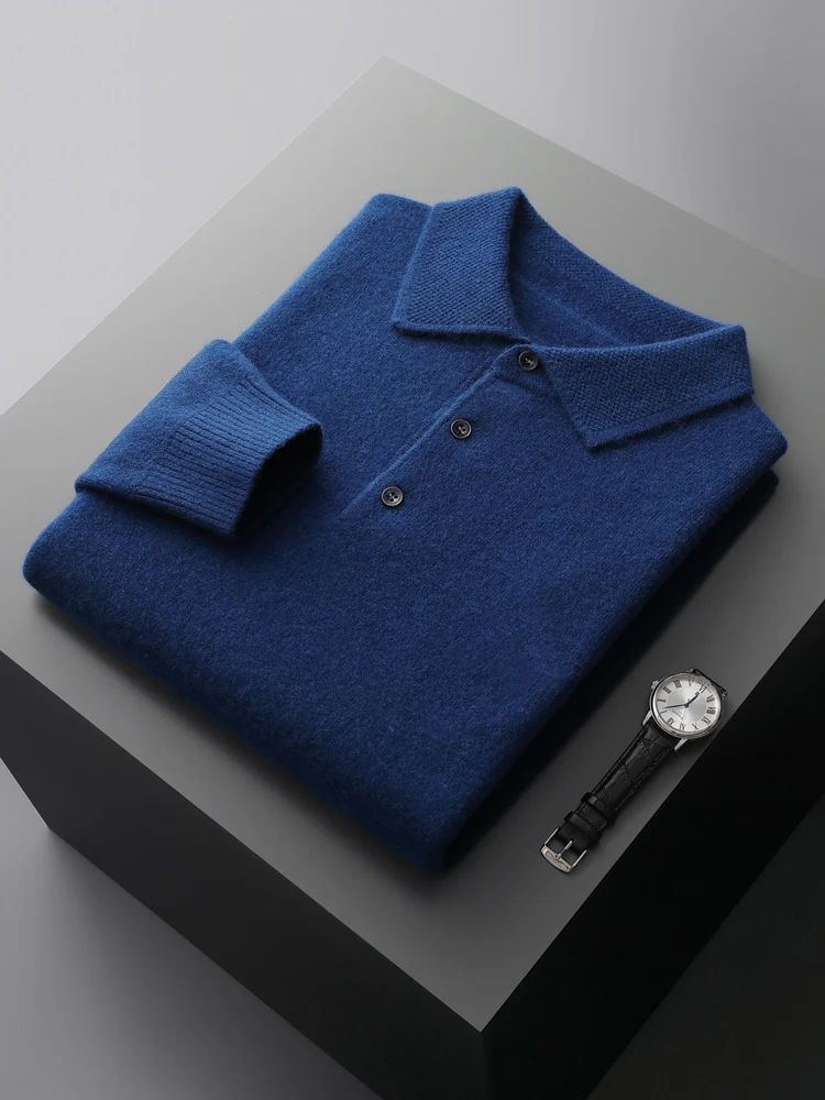 Men's Lapel Knit Pullover 100% Pure Wool Sweater Large Size Spring Autumn Winter Warm Tops Youth Casual Polo Collar T-shirt