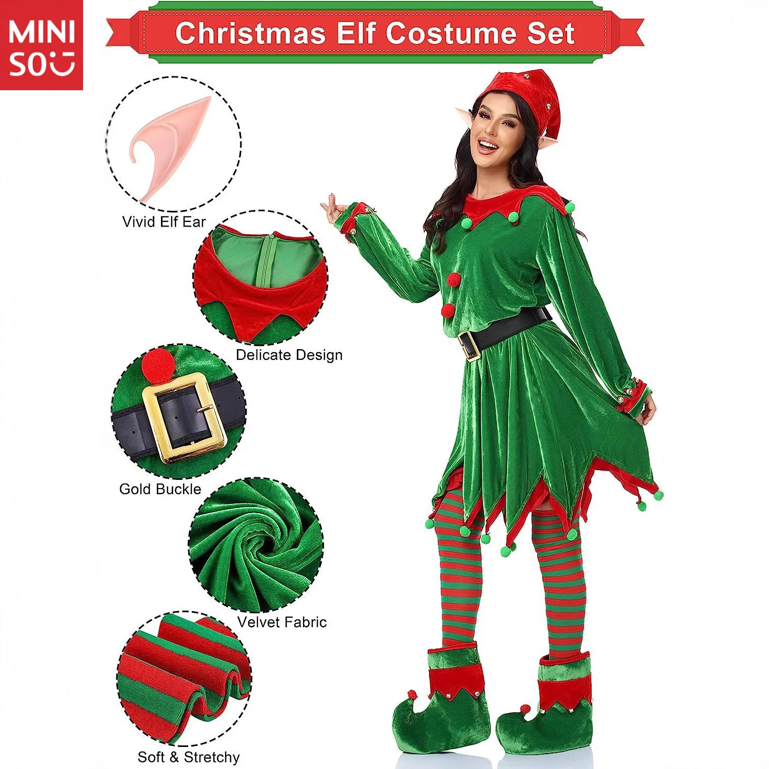 

Miniso Christmas Children's And adults Clothing Boys and Girls Parent-child Cosplay Cute Green Elf Kindergarten Clothing