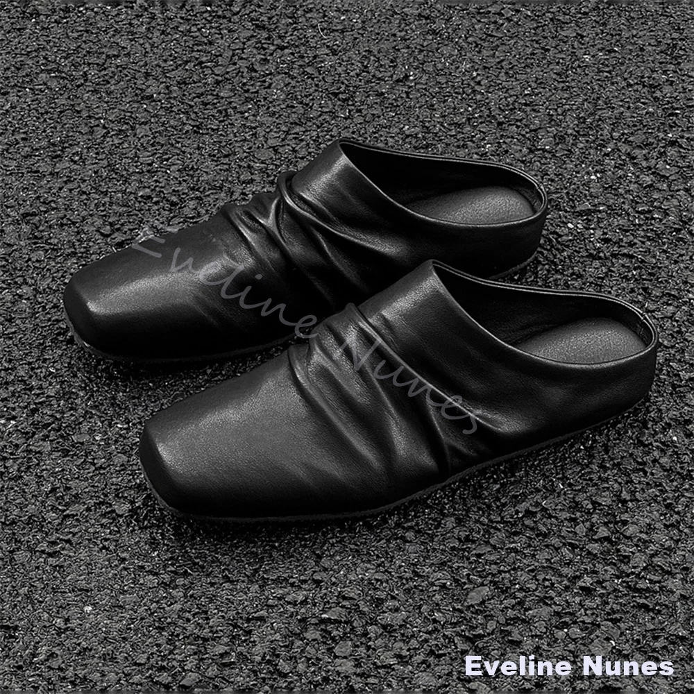 Black Soft Leather Ruched Mule Slippers Men Square Toe Slip On Backless Flat Casual Shoes Minimalist Designer Walking Mules