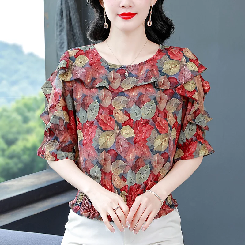 Spring Summer Floral Printed Tops Round Neck Ruffles Casual Tops Women Patchwork Mesh Chiffon Blouse