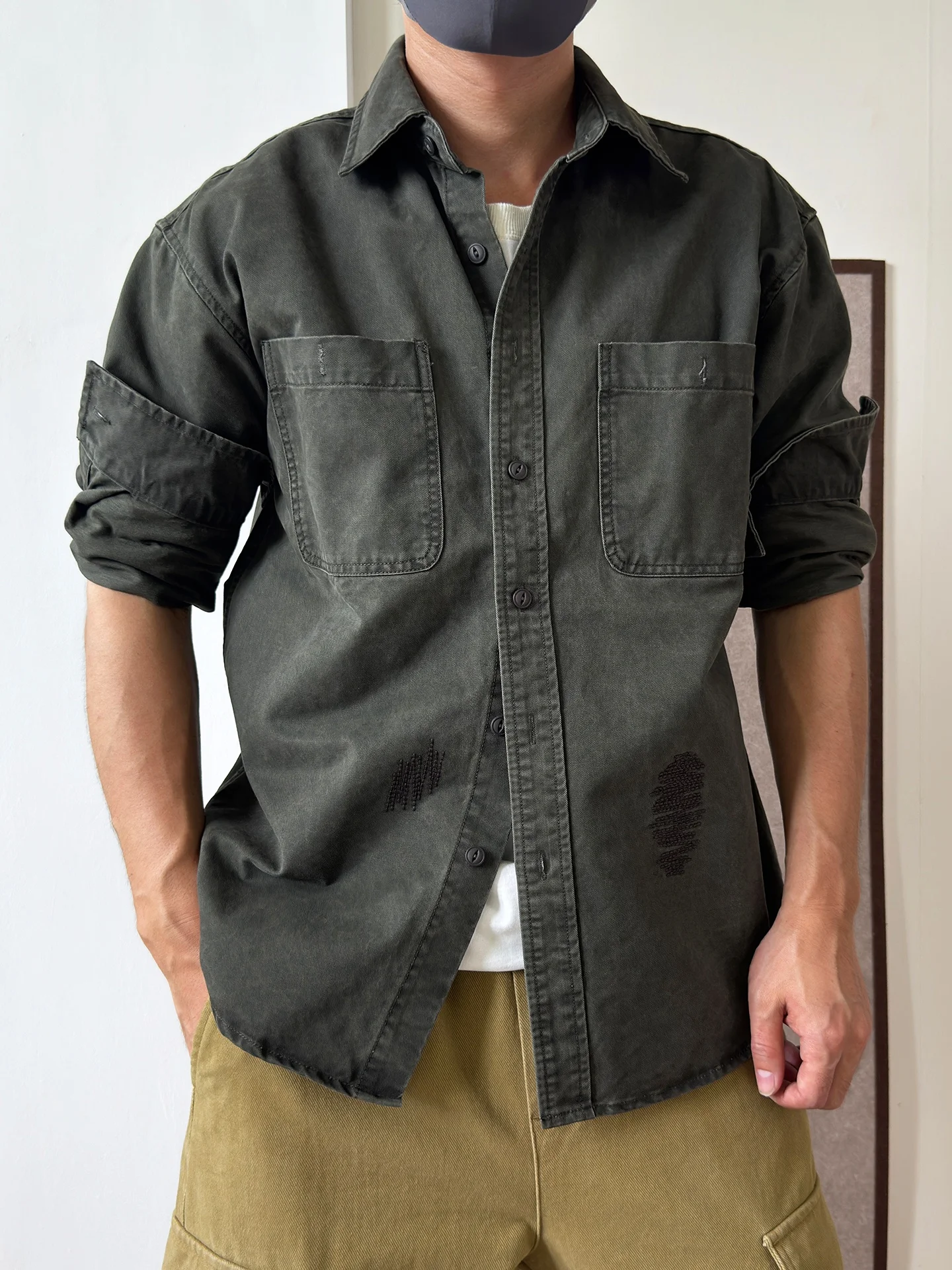 

Высококачественная ретро-рубашка с вышивкой, повседневная, из хлопка, для мужчин, новая коллекция 2025 года, однотонная, в американском стиле, плотная ткань