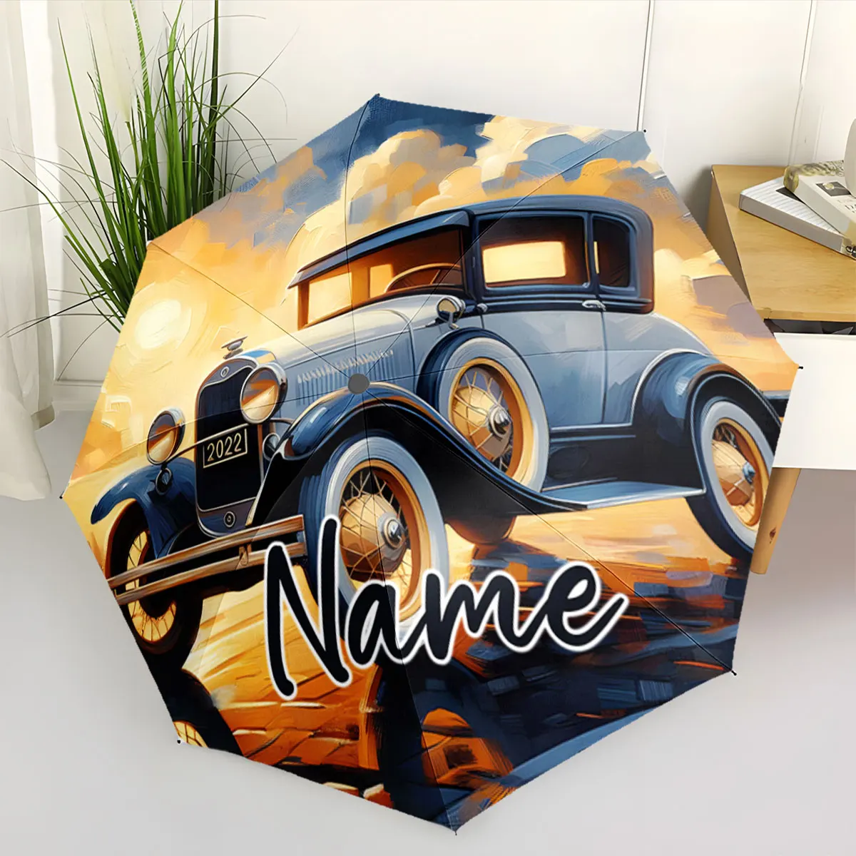 Custom Name Vintage Car Design Umbrella for Stylish Rainy Days Print 8 Iron Ribs Folding Umbrella, Auto-Open Fashion Sunshade