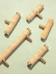 Rattan weaving Creative T shape Cabinet Handles Brass Modern Wardrobe Pulls Wooden Drawer Cupboard Door Knobs Furniture Hardware