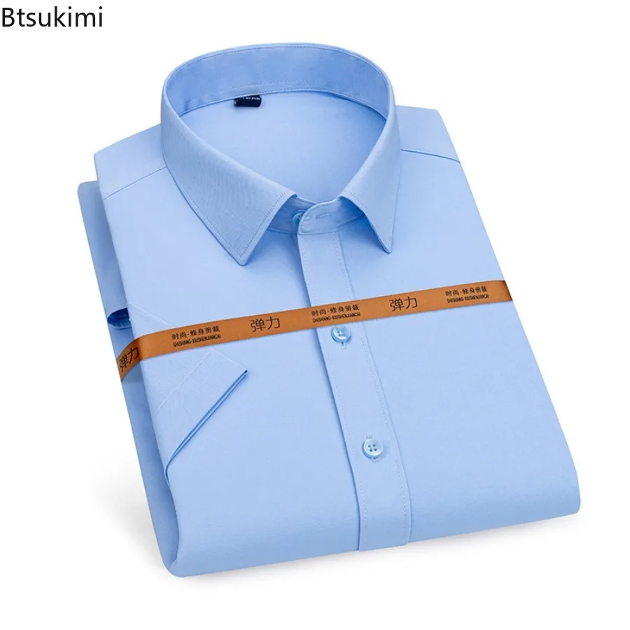 2024 Summer High Elastic Short-sleeved Shirts for Men Office Business Social Dress Shirts Men's Solid Slim Formal Clothing Tops