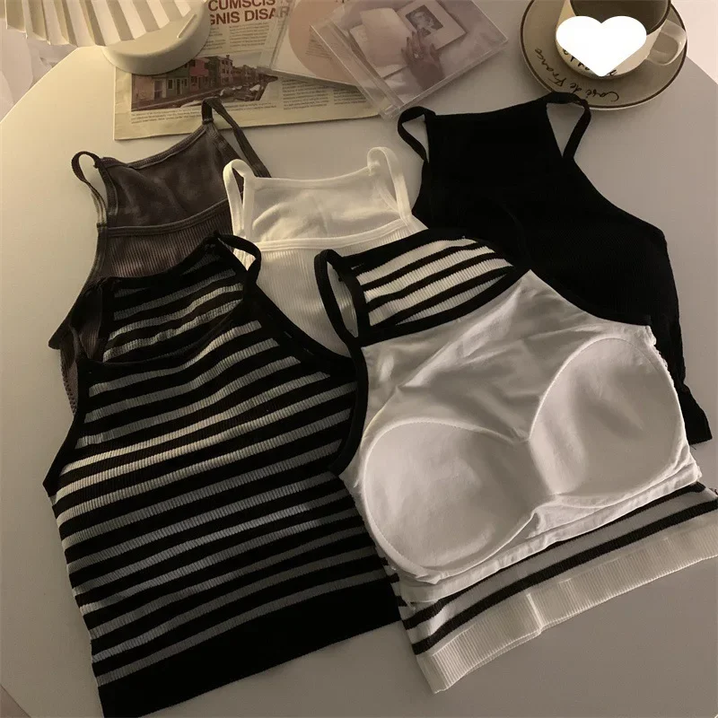 Korean Version Women Tank Tops Thread Solid Casual Fashion Crop Top with Chest Pad Stripe Sleeveless Outer Wear Basic Camisole