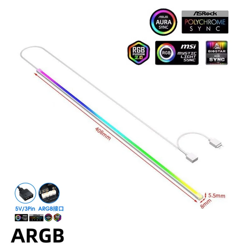5V 3PIN ARGB LED Light Bar Colorful Atmosphere 40cm Flexible DIY Lamp Strip Rainbow Cable For PC Computer Case Chassis