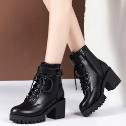 Thick Heel Ankle Boots for Women 2024 New Black Leather PU High Heels Shoes Woman Autumn Winter Platform Motorcycle Boots Women