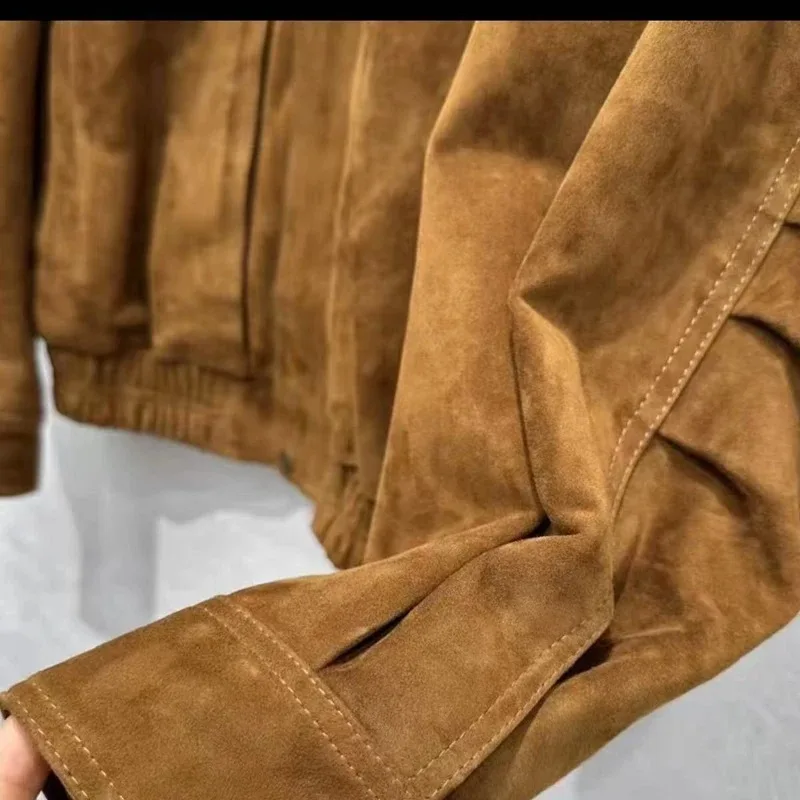 Retro High End นําเข้าหนังนิ่มหนังเสื้อแจ็คเก็ตผู้หญิงสแควร์คอพับแขนกระเป๋าขนาดใหญ่ 100% เด็ก Suede Coat Top