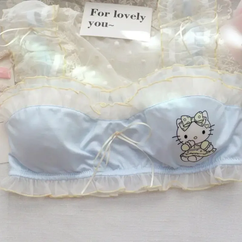 Miniso Hellokitty Underwear Lingerie Bra Lace Non-Slip Push Up Kawaii Sweet Girl Women Style Comfort Soft Simple UnderwearGift