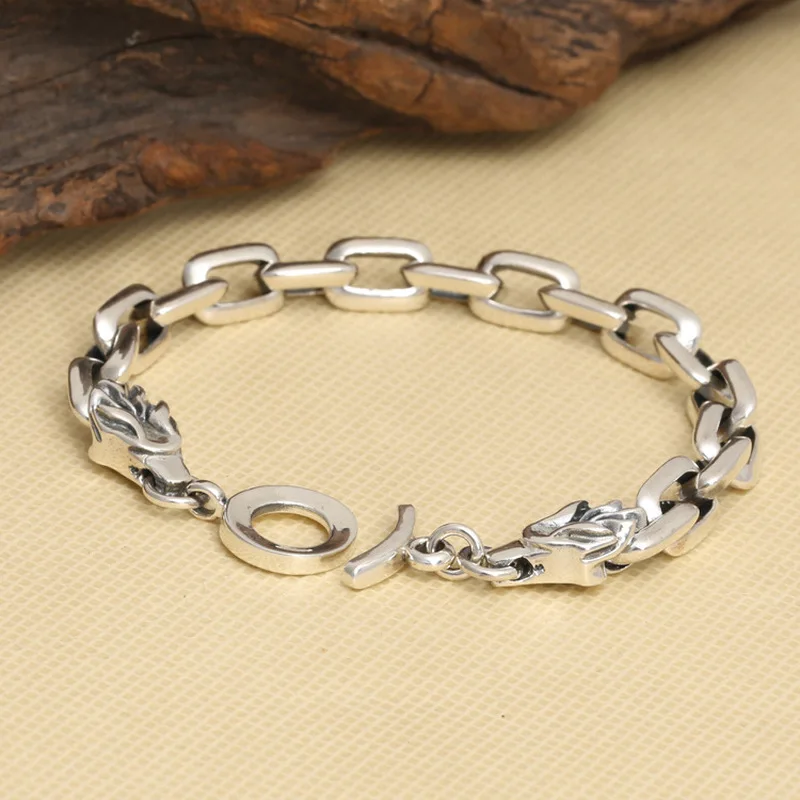 S925 Jewelry Vintage Thai Silver Men'S Square Ring Double Bracelet
