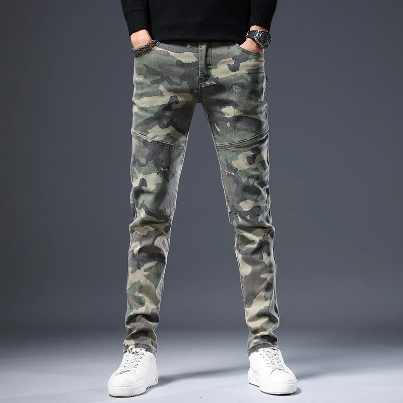 

Autumn Winter High End Camouflage Workwear Jeans Men's Trendy Loose Straight Leg Personalized Patchwork Casual Motorcycle Lon...