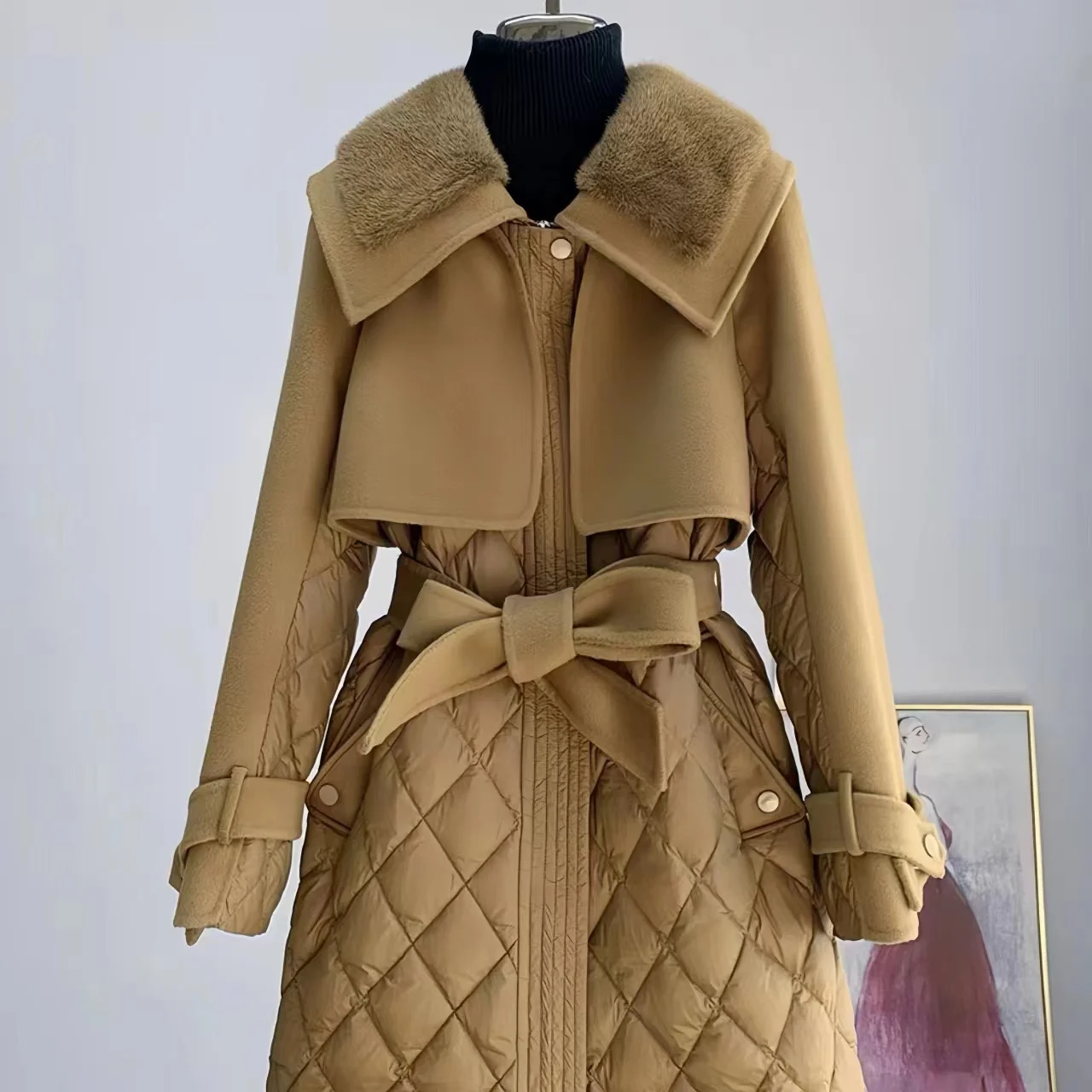 Single Breasted Woolen Coat for Women,Faux Fur Collar Jackets,Windbreaker, Adjustable Waist,England Style, New, Winter