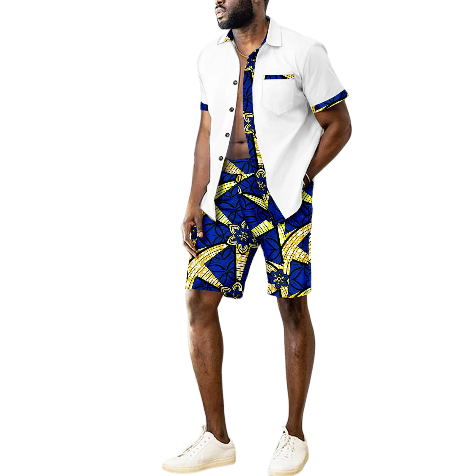 African Suits For Men Dashiki Outfits Short Sleeve Button Down Shirt and Shorts 2 Piece Sets Fashion Casual Attire