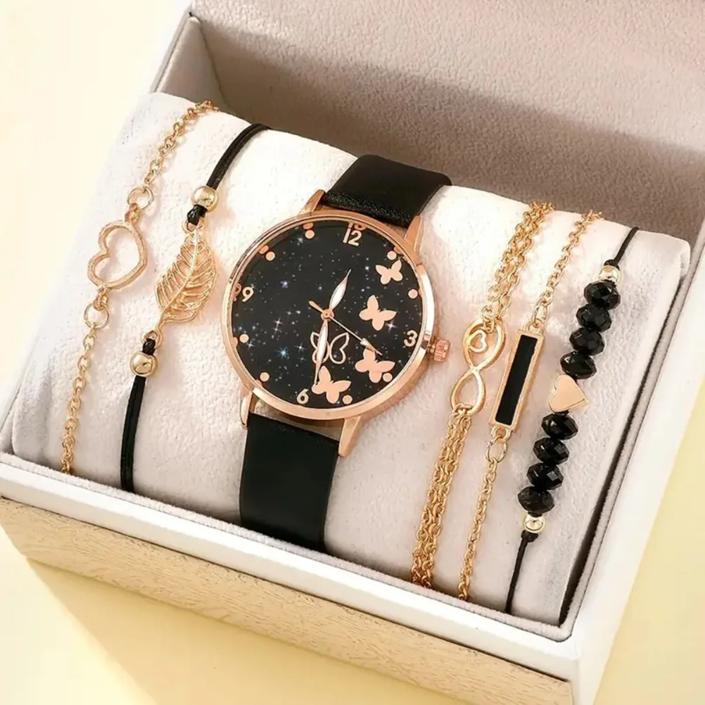 

6pcs/Set Women's Fashion Watch Butterfly Dial Bracelet Watches Ladies Leather Band Quartz Wristwatch Women Ladies Watches