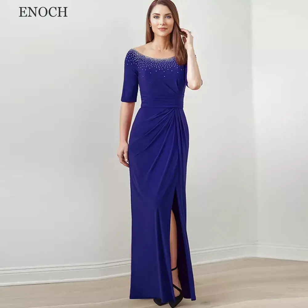 ENOCH Elegant O-Neck Mermaid Mother Of The Bride Dresses Side Slit Half Sleeves Beading Pleated Party Gown Vestidos De Mujer New