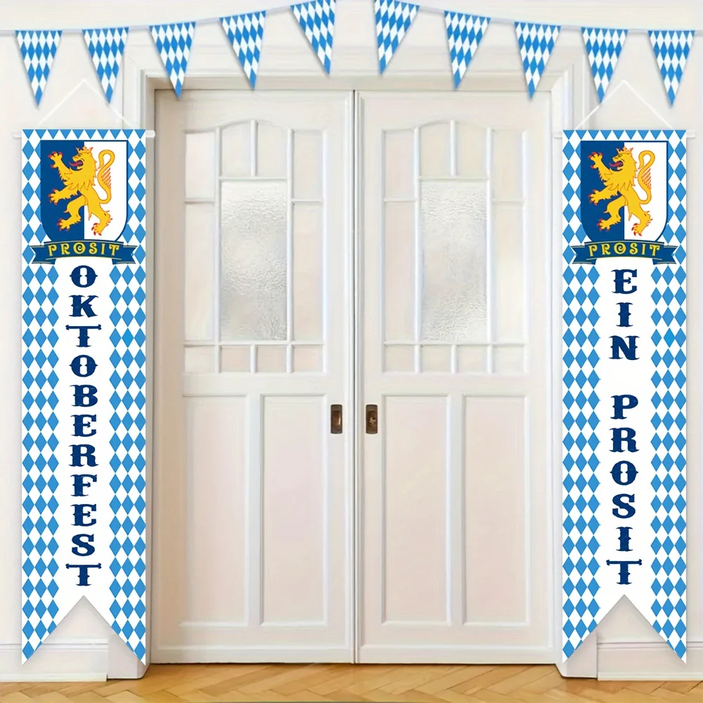 2-teiliges Oktoberfest-Willkommensbanner-Set, 51,1 x 11,8 Zoll, Blau-Weiße Bayerische Fahnen, Veranda-Dekoration für das Deutsche Bierfest – Detail 1