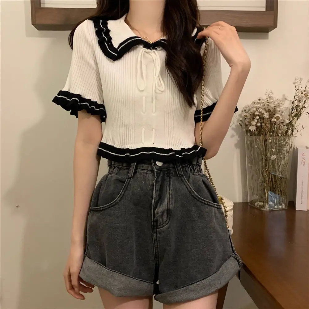 Design Sense Niche Ruffle Edge Doll Neck Knitted Shirt Short Sleeved T-Shirt Women's Summer Unique French Short Style