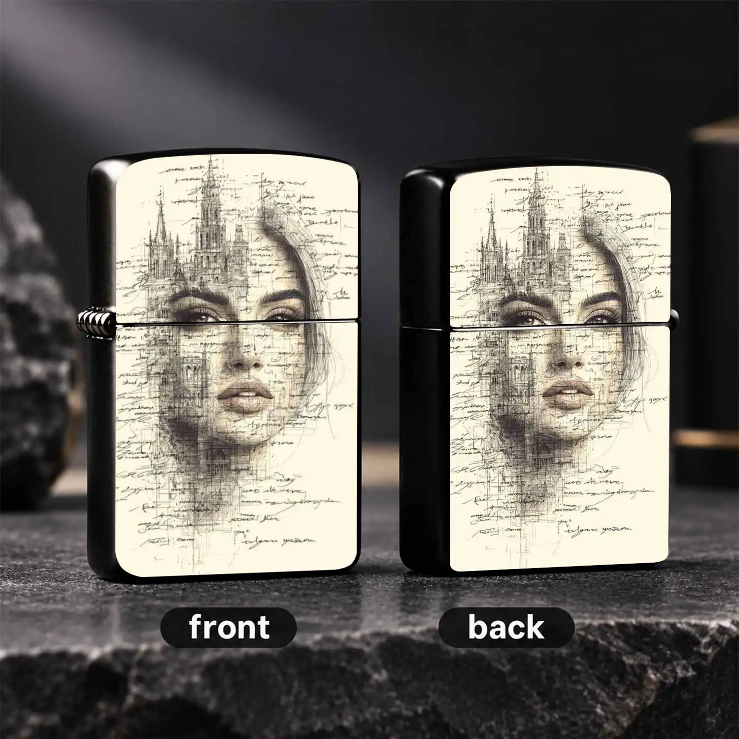 Vintage Sketch Art Lighter, Double Exposure Portrait & Medieval Castle Pattern, Handwritten Manuscript Style Portable Igniter, Exquisite Creative Decor, Ideal For Daily Use, Travel, Gifting For Friends Family, Fits All Scenes A Humorous And