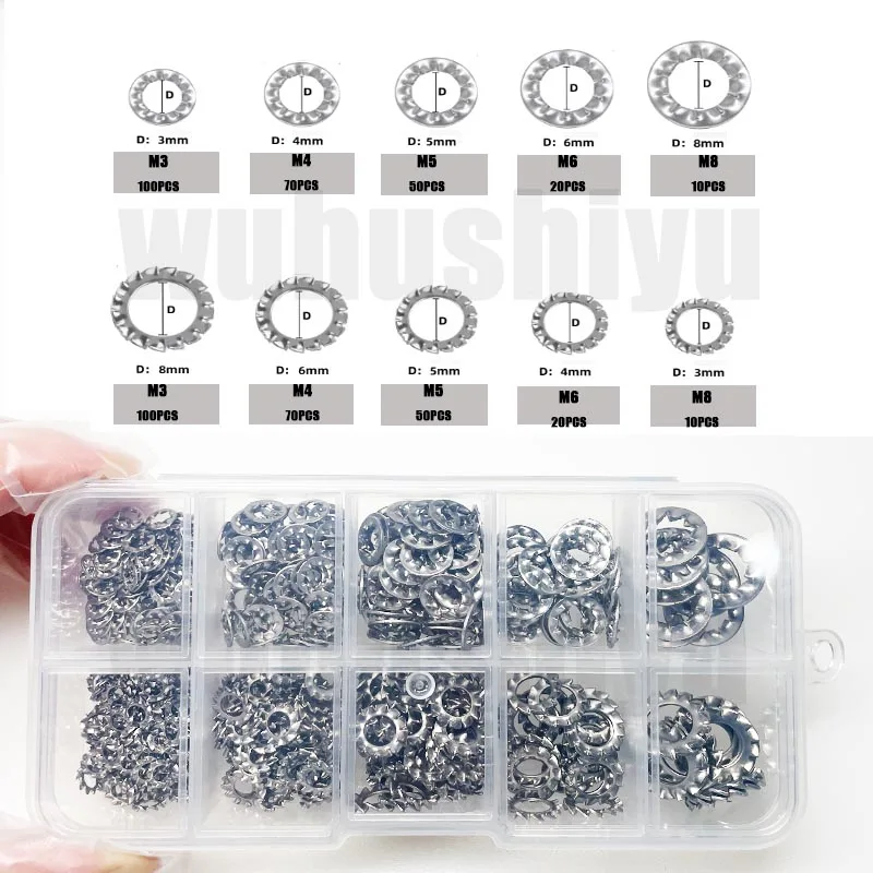500 قطعة/صندوق مزيج M3 M4 M5 M6 M8 الخارجية الداخلية مسننة قفل غسالة طوقا مجموعة متنوعة 304 A2-70 الفولاذ المقاوم للصدأ