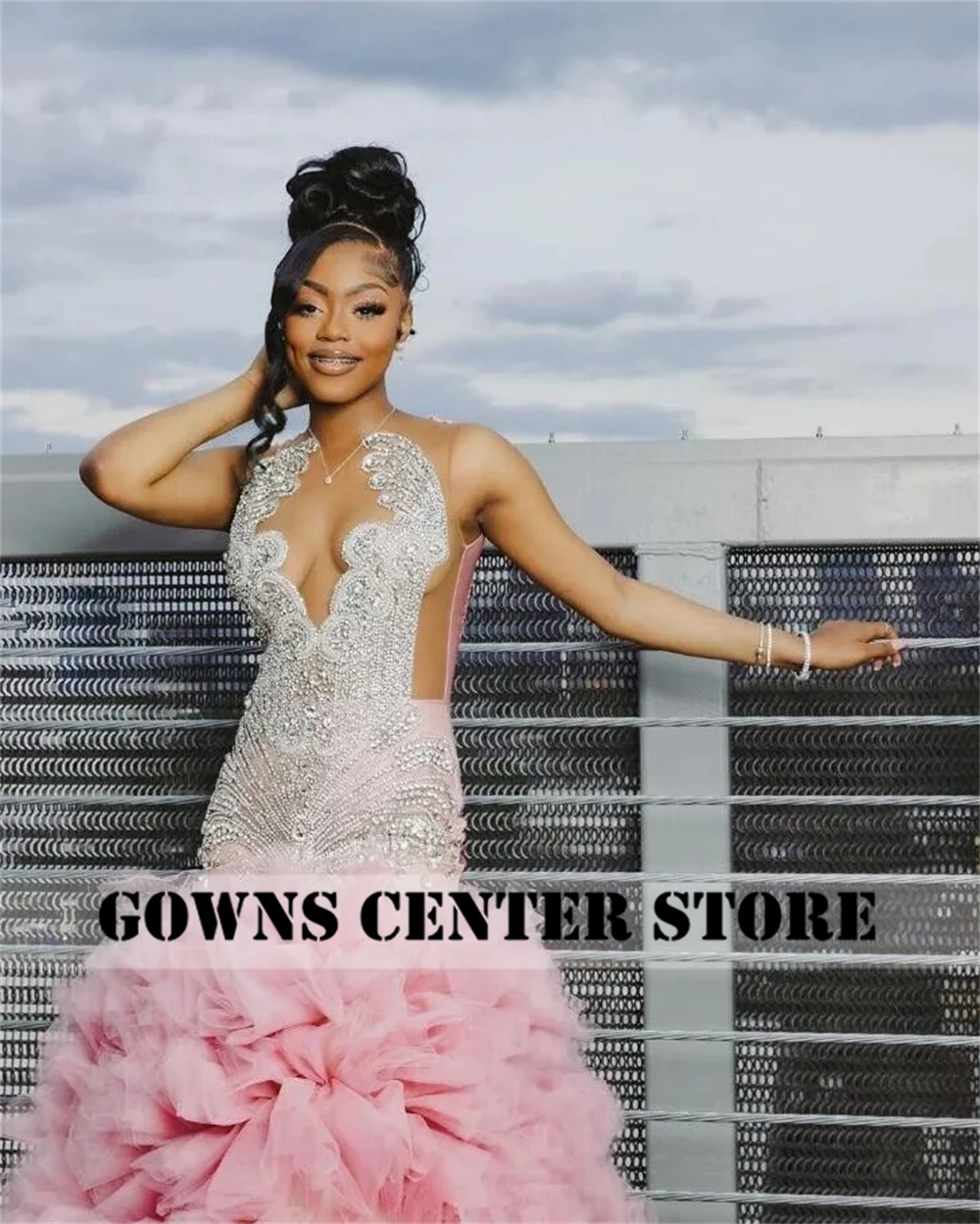 New In Pink Ruched Train Prom Dresses Silver Diamond Crystal Black Girl Pageant Birthday Dress Evening Formal Dress Customized