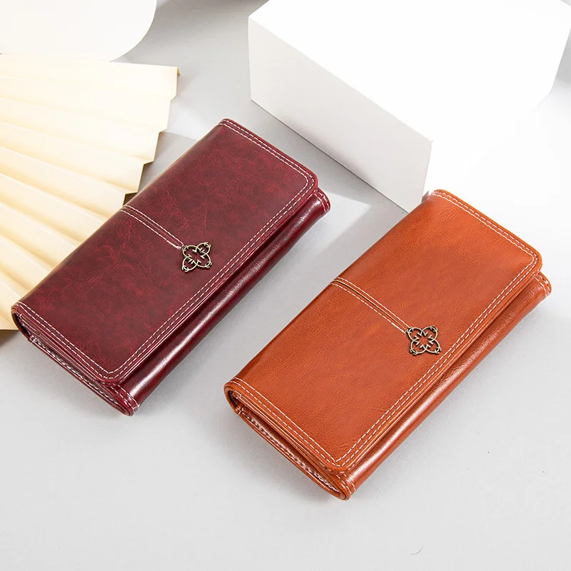 Women's long 2021 new oil wax Wallet Zipper large capacity handbag