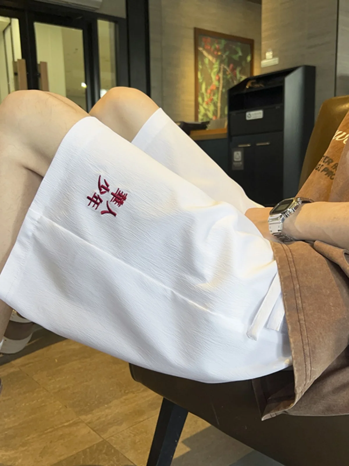 

Men's Summer Thin Ice Silk Qui Dry Embroidered orts Five-Quarter Length Spor American Retro Versatile Beachwear