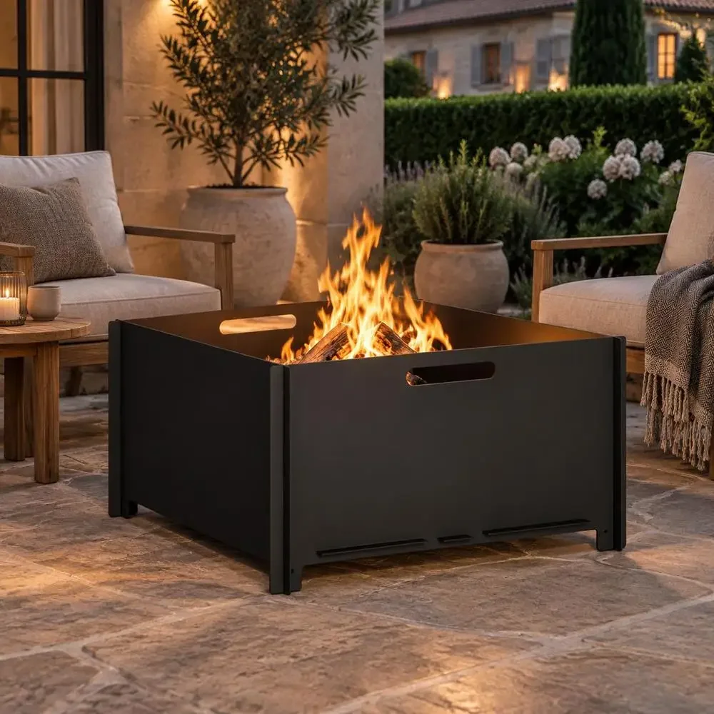 Brasero de acero para exteriores de 60 x 60 x 30 cm / estufa de leña. Gracias a su robusta estructura metálica y su diseño de ventilación eficiente, es ideal para reuniones en patios, terrazas y jardines.