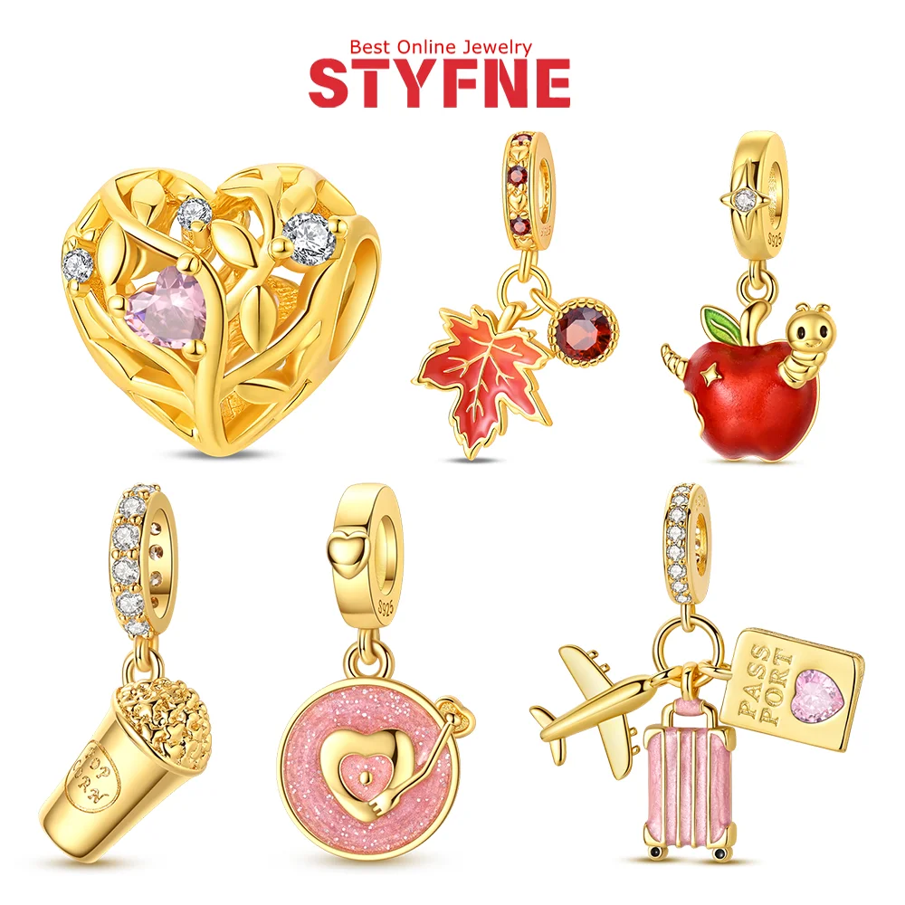 Gold Charms 925 Silver Zircon Love Tree of Life Beads Popcorn Luminous Apple Pendant Fit Original Bracelet DIY Jewelry Gifts