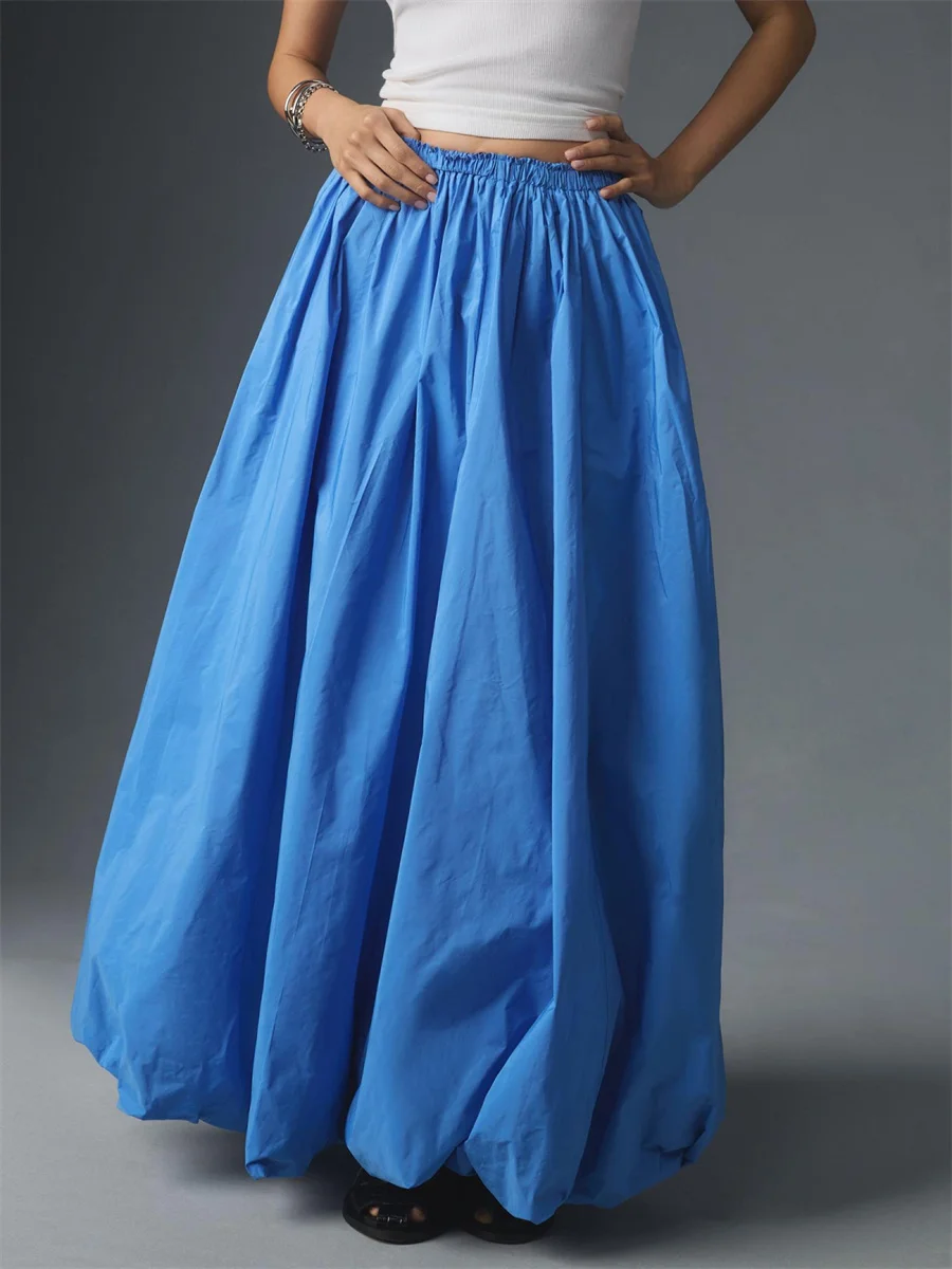 Y2k 버드 버블 맥시 스커트 여성용, 고탄성 허리 A 라인 플리츠 롱 스커트, 프릴 스모크 스커트 스트리트웨어 