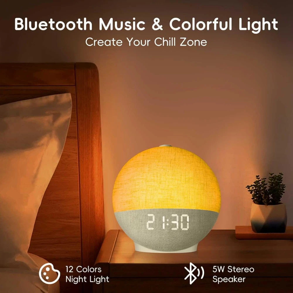 Wake Up Light Sunrise Alarm Clock White Noise Sound Machine Bluetooth Speaker Color Changing Night Lights for Bedroom Ideal Gift