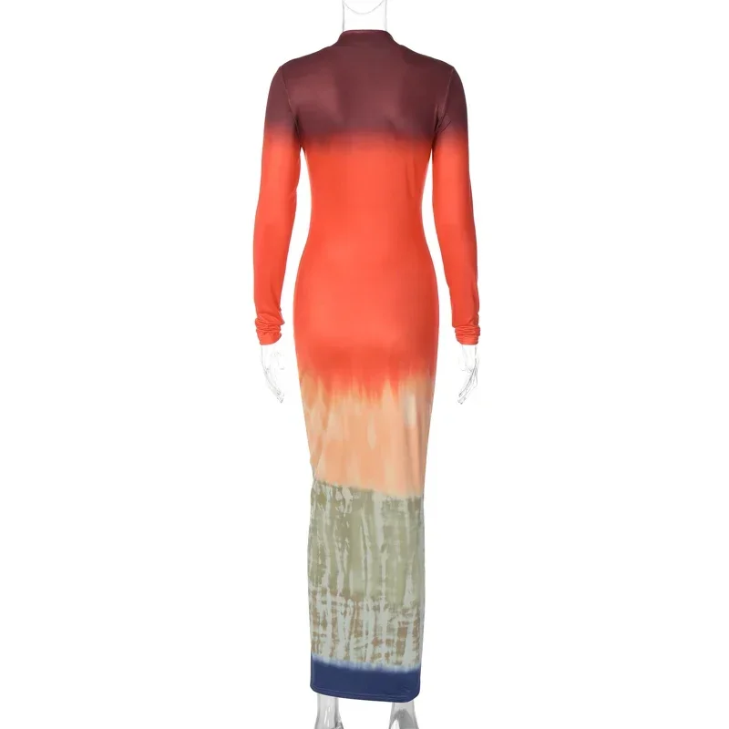 Tie Dye Long Sleeve Maxi Dress Mock Neck Bodycon Autumn Winter Dress Fashion Color Block Tight Long Dress Y2K