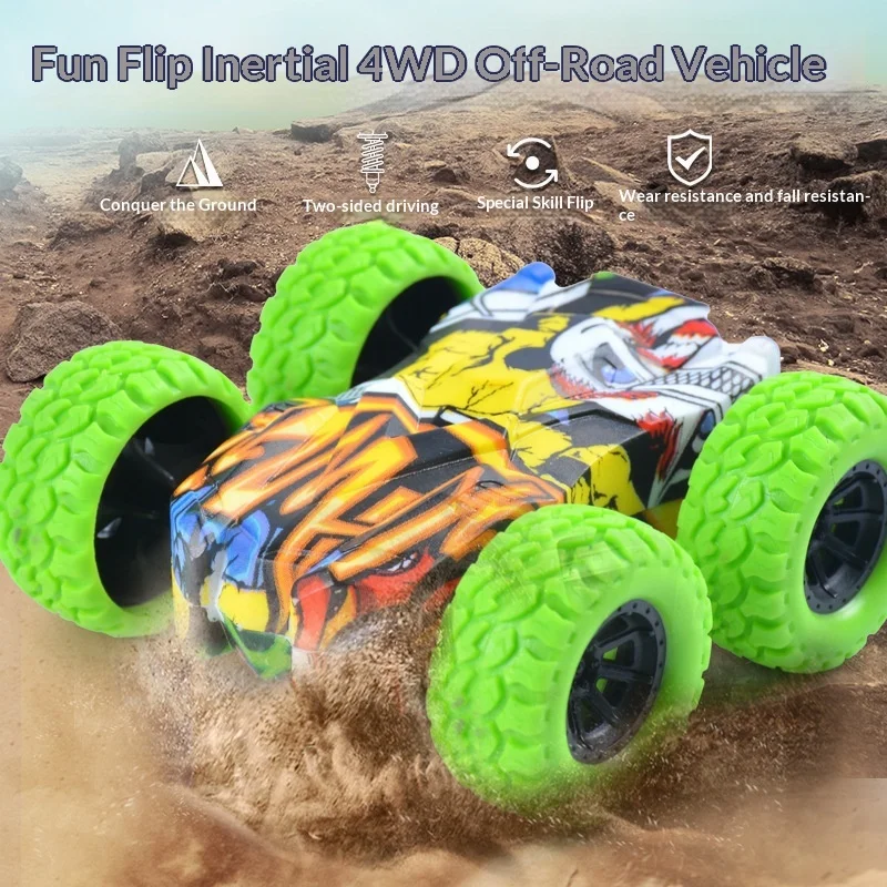 Dubbelzijdig stuntauto traagheid speelgoed, 4WD terreinwagen met graffiti, wrijving terugtrekkend cadeau voor kinderen jongens verjaardag