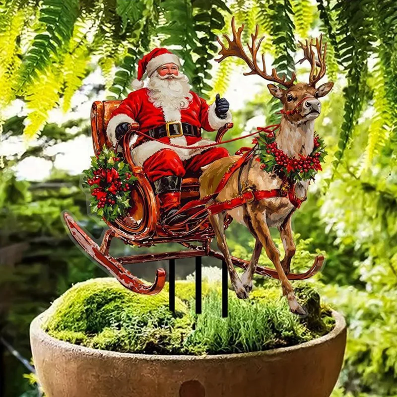 Santa Claus Riding A Reindeer Sleigh To Deliver Gifts Acrylic Outdoor Garden Waterproof Patio Plug