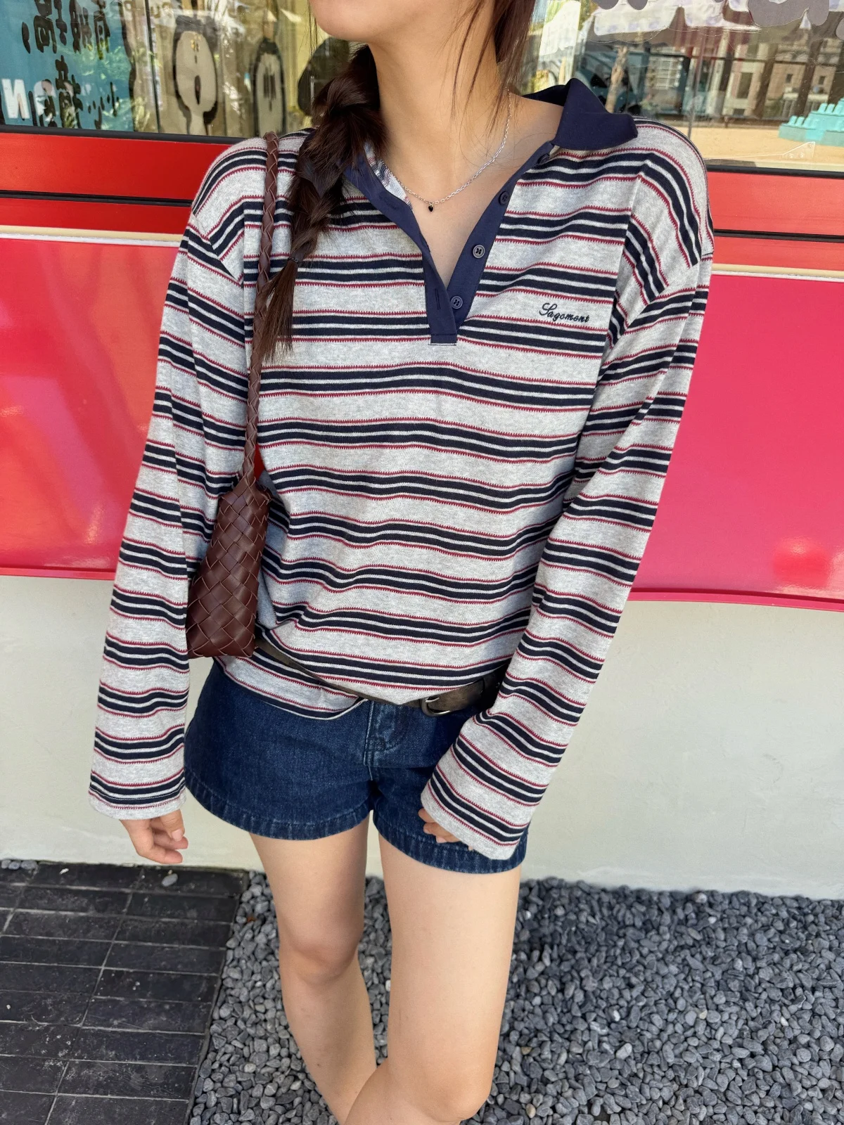 

Женская футболка свободного кроя с длинным рукавом, в стиле Miu, с цветными блоками и американскими полосками, в университетском стиле, для ранней осени, модная