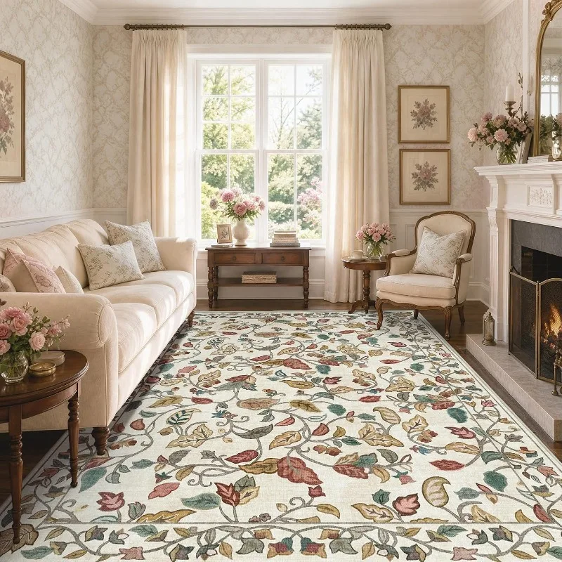 Vintage American Floral Rug Mid-Century Cream Style Large Carpet for Living Room Non-Slip Machine Washable Bedroom Floor Mat