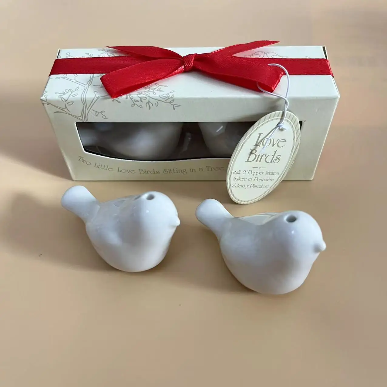 Free shipping 100pcs/lot wedding gift window love bird salt and pepper shakers with Printing Personalized tag